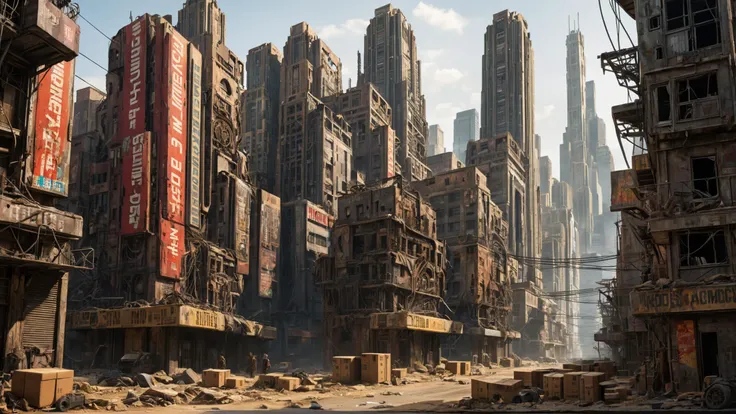 Landscape (concept art:1.3) of a (Post-Apocalyptic style:1.5) metropolis with buildings and boxes in the background, afternoon, sunny
vibrant colors, (intricate sharp details:1.5), ultra high res