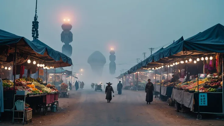 Landscape photo of a (Space Opera style:1.5) country road with street vendors and displays in the background, evening, foggy
(intricate sharp details:1.5), ultra high res