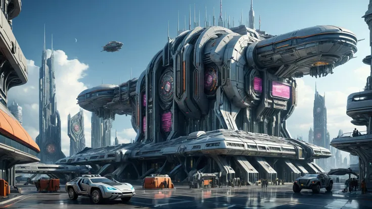 futuristic city with futuristic architecture and futuristic vehicles in the foreground