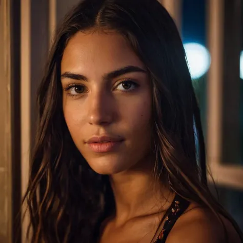 (Very close shot, zoomed in close-up face portrait:1.5) photo of a frowning, (closed mouth:1.5) happy cute skinny young 22 year old Argentinean woman with long wavy braids black hair, black small eyes, round face, medium nose, strong jaw, wide mouth, angle...