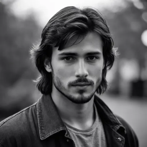 cinematic still black and white image, a young man, brown hair, mullet, brown eyes, beard, 1995 photograph, skin blemishes, medium-full shot . emotional, harmonious, vignette, highly detailed, high budget, bokeh, cinemascope, moody, epic, gorgeous, film gr...