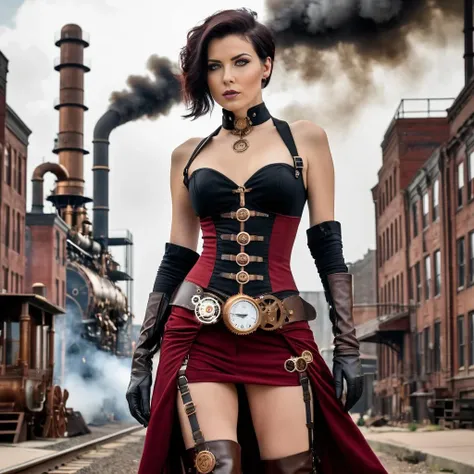 there is a woman in a corset and a steampunk outfit