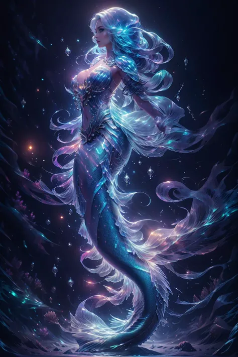 a mermaid with long hair and blue hair is standing in the water