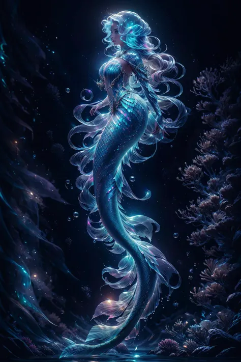 a mermaid with long hair and a tail is floating in the water