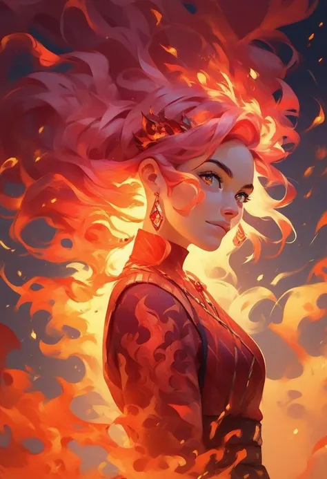 a woman with pink hair and a red dress is standing in front of a fire