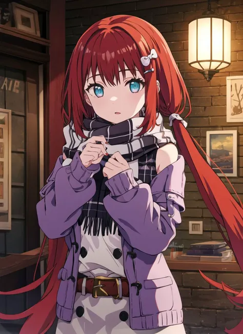 1girl, standing, looking at viewer,
<lora:nilouGenshinImpact_v10:0.7:MIDD>
nilou (genshin impact), long hair, bangs, (red hair:1.2), (parted bangs:1.2), twintails, nail polish, aqua eyes, very long hair,
skirt, scarf, purple sweater, white skirt, purple ha...