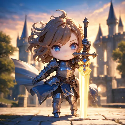 a girl with a sword and armor stands in front of a castle