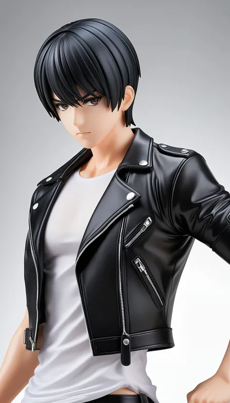 1boy, black hair, white background, short cut hair, leather jacket, tshirt, upper body, detailed shape, detailed line, art of fighting attitude, color manga style