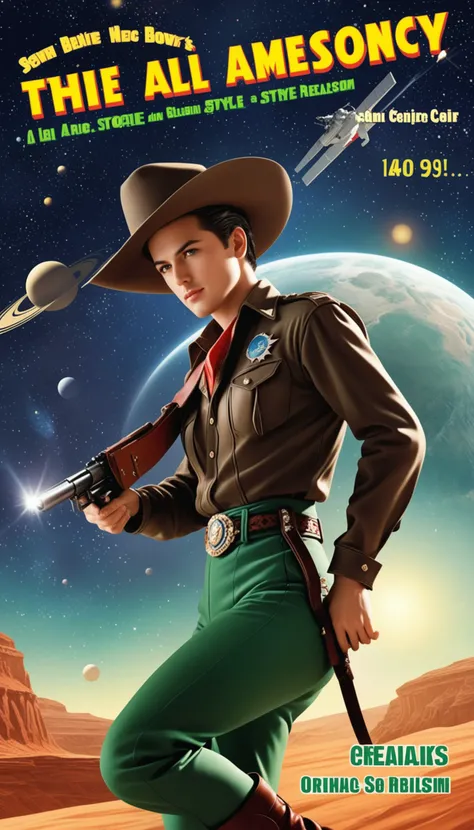 a cover for a comic book, a comic book cover about all space cowboy, 1 cowboy wearing a hat in the style of amazing stories, 1940s 1950s, red and green, comic art, realistic genre scenes, romanticized realism dynamic