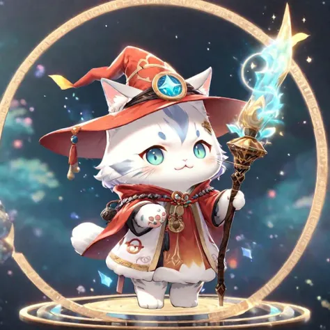 Walking Cute fluffy chibi kitten wizard hat, robe, holding ancient staff, happy, magic circle,, 4k, very cute eyes, sparkling eyes, highly detailed, side view, full body, niohxlguardiansprt