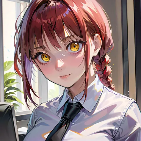 <lora:makima_loraxl:0.8> makima, braided ponytail, (ringed eyes:1.3), collared shirt, black necktie, indoors, office