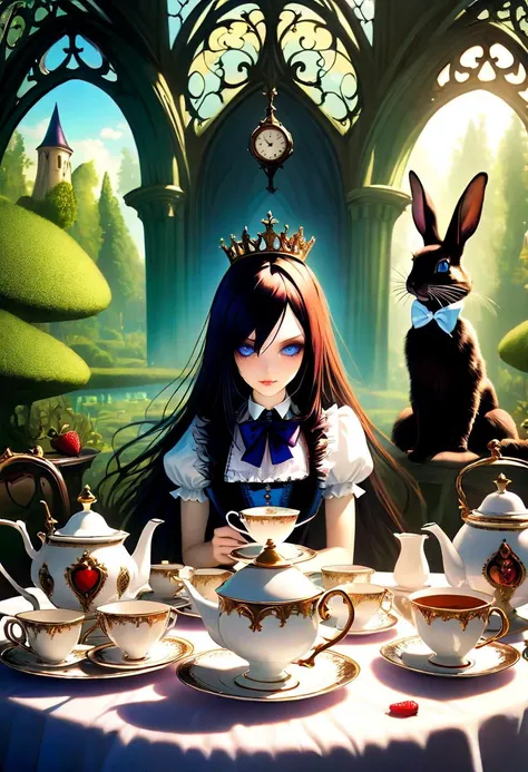 Stunningly-Beautiful-Gothic-Alice,Tea-Party.
Location: Wonderland, A Dream World.

Detailed-Face, Moneyshot, Detailed-Body, Gothic-Dreamlike-Fantasy, Realistic-Shadows, Perfect-Quality, Photorealistic, Most-Beautiful