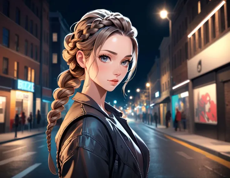 3D Rendering, Layered Handsome Female, Twist braid hairstyle, at Nighttime, FOV 90 degrees, Street Art