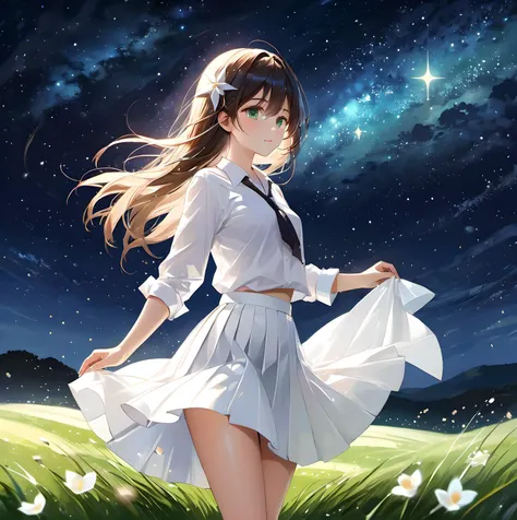 1 girl, craft,  starry sky. grass land. petals. 
white shirt, skirt, wind. 
ultra detailed, best quality.