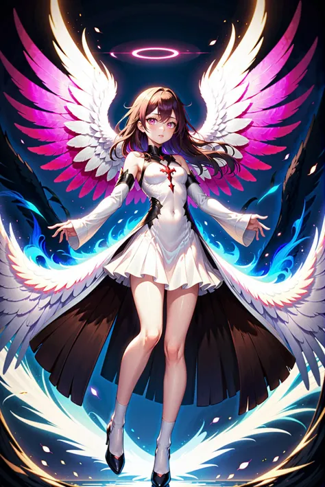 1girl,alternate wings,angel,angel and devil,angel wings,artist name,asymmetrical wings,bird wings,black wings,blood,blood on clothes,blue wings,brown wings,cross,detached wings,dove,dress,energy wings,feathered wings,feathers,fiery wings,full body,glowing ...