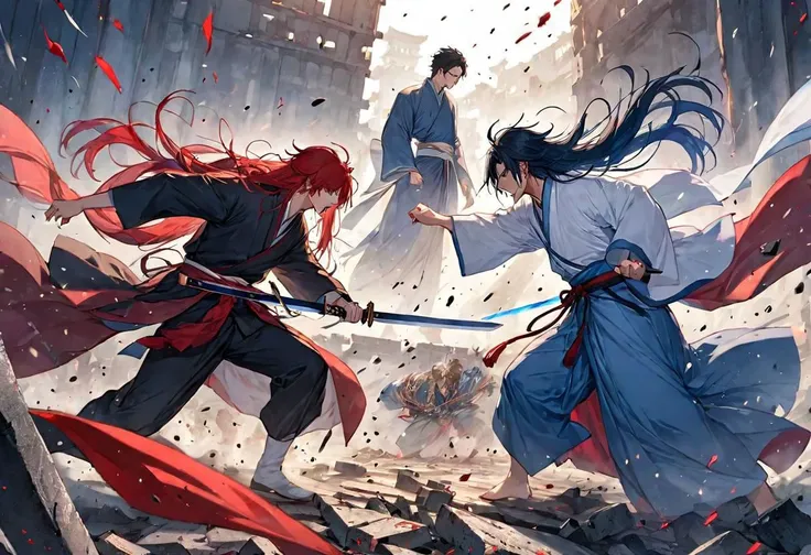 A young man, long hair and White and blue hanfu fighting against another evil man, long hair and wearing black and red, the battleground has countless sword, chaotic, ruins, chaotic background, battle to the death