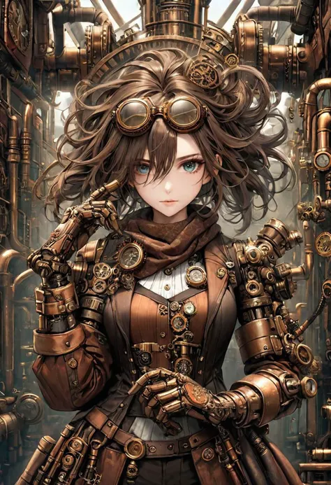 {(girl, {(steampunk googles:1.5)}, {steampunk themed scarf}, rusty, {{{pair of robotic arms with intricate steampunk details}}}, light armor, messy hair:1.5)}, ((dystopian steampunk background:1.5)), (masterpiece:1.5), (best quality:1), {(best quality + ul...