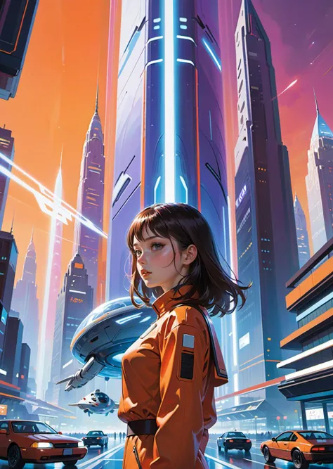 In Syd Meads distinctive sci-fi style, 
a close up cinematic still of a young office lady embarks on an epic adventure through a futuristic cityscape. Gleaming, towering skyscrapers stretch into the sky, while sleek, hovercraft-like vehicles dart through s...