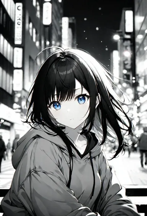 black and white hoodie), adult female, blue eyes, long black hair, bangs, innocent, BREAK, cool colours, , BREAK, wallpaper, city, BREAK, absurdres, masterpiece, BREAK, <lora:Festive_Bokeh_Anime:0.5>