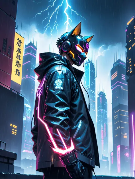 photo, (Portrait), man cat, super hero, in cyberpunk mask, neon saber, on top of a building, cyberpunk, cinematic lighting, leaning against a wall, luminous jacket, rain, (aesthetics),  neon, professional, 4k, highly detailed, film, lightning storm,  hell ...