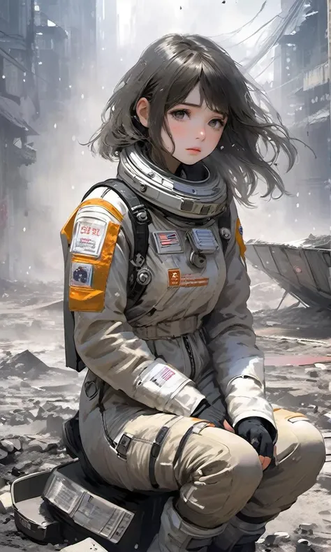 breathtaking 1girl sitting on the street of the ruined tokyo city afternoon, teardrops and streaming tears on her face looks very sad, dark flaxen hair swings in the wind, Tattered spacesuit, cracked ground, A huge destroyed space saucer in the distance, (...