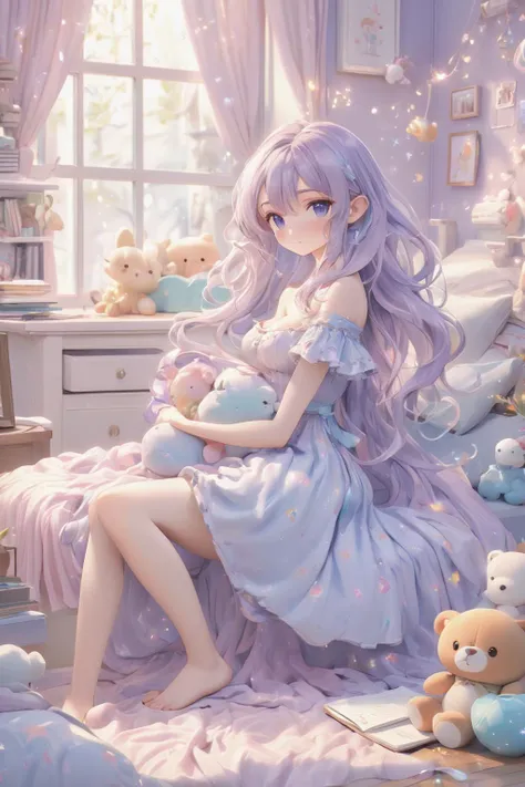 kawaii cute 1girl sitting on bed, anime, (detailed shining delicate hair blowing in wind), large breasts, cleavage, dynamic pose, 
off-shoulder dress, midi skirt, ribbon, girls private room, pastel base, 
girly bedroom, pastel colors, soft blankets, fluffy...