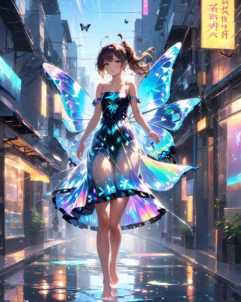 best quality,absurdres,illustration,1girl,young girl with butterfly wings,(in water:1.1),solo,long hair,dress,skirt hold,sleeveless,barefoot,bare shoulders,standing,outdoors,water,(tight dress:0.5),<lora:holographic1_10xl-10:0.7>,in the middle of the stree...