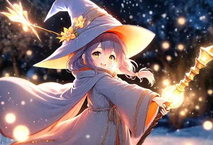 anime, cute girl, wizard hat, robe,  holding ancient staff, happy, midnight, bloom, ambient occlusion, glow, glowing lights, light particles, transparent, translucent, bokeh, depth of field, snow, wind