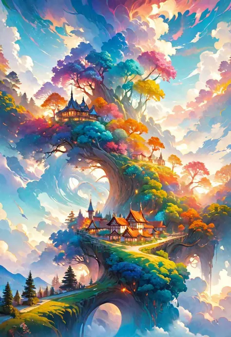 a painting of a tree house in the middle of a mountain