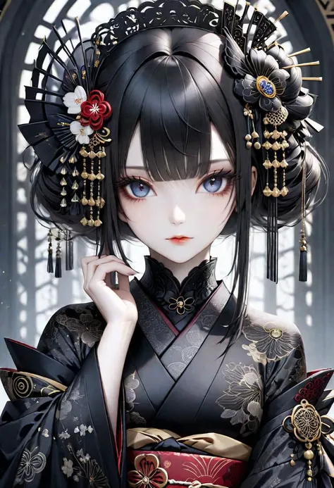 {(face closeup of the {(gothic geisha:1.5)} with dark hair, {pale skin}, wearing an ({alluring dark kimono} with {intricate {delicate gothic} details}:1.5)}, (ultra detailed face, ultra detailed eyes, ultra detailed body, ultra detailed hands, ultra detail...