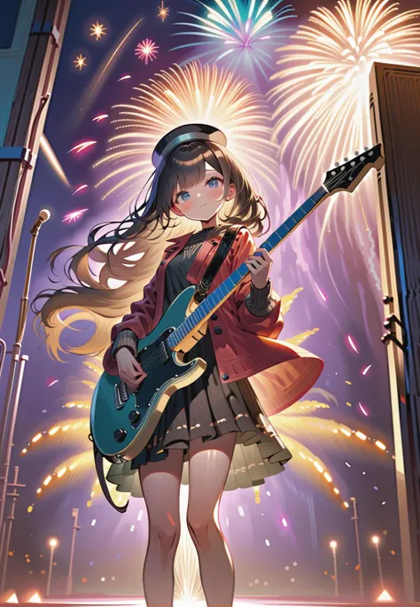 1girl, bangs, hair between eyes, hat, looking at viewer, solo, electric guitar, stage, fireworks, 
A guitar cries, alone in a corner, it lacks your fingers, your warmth. An arpeggio swears that your soul has flown away, in eternity they wait for you.