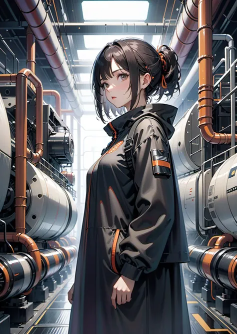 1 female inside a factory realistic,  sci-fi ,industrial   machines, tubes
detailed, complex  background 
by Mamoru Oshii Tsutomu Nihei