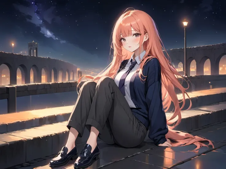 1girl, peach hair, very long hair,    bangs,   sweater cropped pants necktie between breasts loafers,  dark aqueduct midnight,