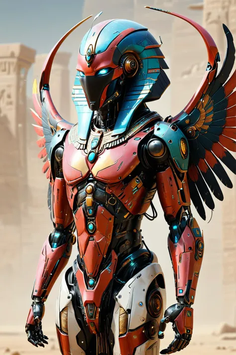 a close up of a robot with wings on a desert