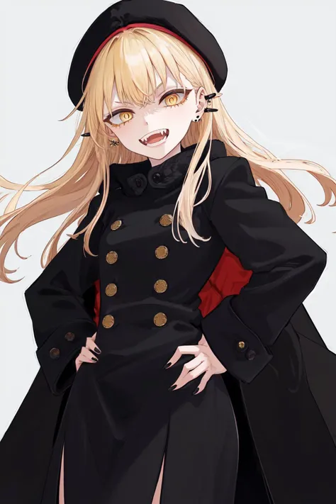 masterpiece, best quality, highres, 1girl yellow eyes earrings <lora:guideau_no_outfit:1> standing, simple background, hand on hip, fangs, black coat, black headwear beret