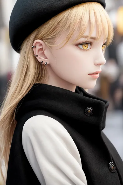 masterpiece, best quality, highres, 1girl yellow eyes earrings <lora:guideau_no_outfit:1> from side, black black headwear beret, black coat, photorealistic