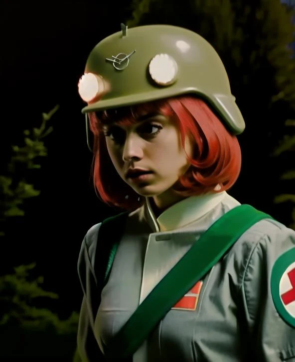 buhanka, 1girl, red hair, helmet,
uniform,
upper body,
running,  
,  
angry,
detailed background,
,
short hair,
 <lora:buhanka-000030:1> 
, 
,
<lora:style_ japanese80s:0.7> japanese80s  , 
<lora:style_landscape_moody_ pastlight:1> , 
,
trees , 8k uhd, dslr...