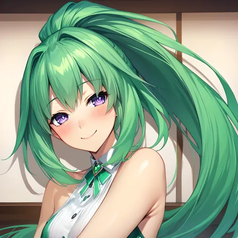 anime girl with green hair and a bow tie posing for a picture