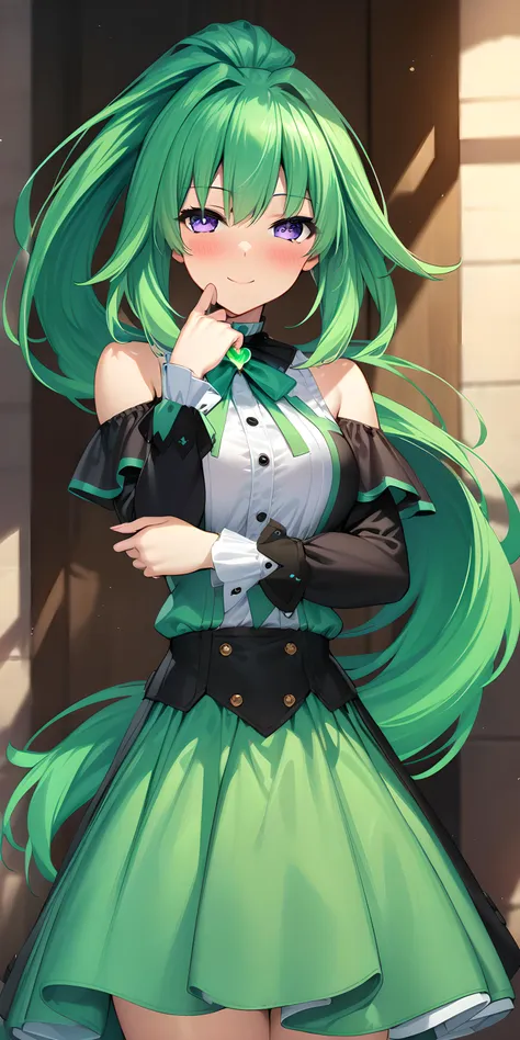 a close up of a person with green hair and a dress