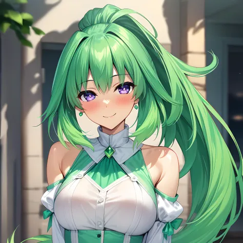 anime girl with green hair and white dress posing for the camera