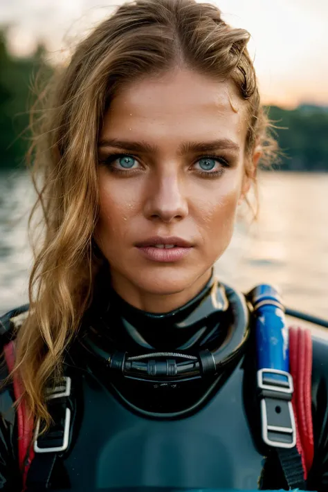 RAW, real photo portrait, nva, on a boat, (wearing a wet scuba outfit), pretty face, insanely detailed eyes, light blonde hair, high ponytail, bokeh, natural light, depth of field, golden hour, sharp focus,<lyco:NataliaVodianova-RealVision-V1.0:1.0>