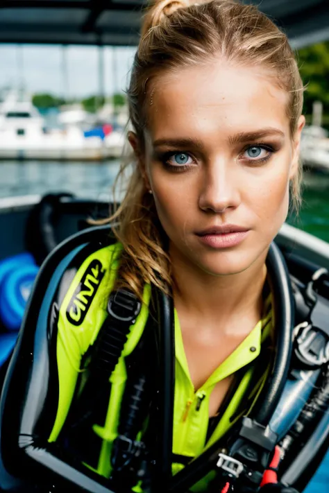 RAW, real photo portrait, nva, on a boat, (wearing a wet scuba outfit), pretty face, insanely detailed eyes, light blonde hair, high ponytail, bokeh, natural light, depth of field, golden hour, sharp focus,<lyco:NataliaVodianova-RealVision-V1.0:1.0>