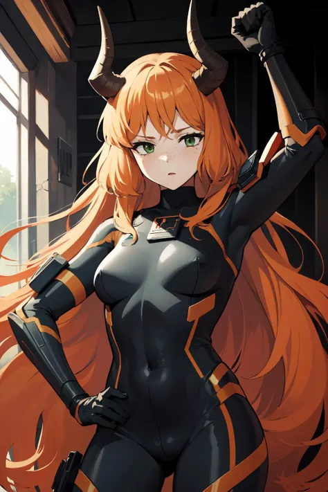 masterpiece, high quality, highres, 1girl, solo, <lora:ishmael-limbus-v4-wasabiya:1> ishmael, very long hair, orange hair, green eyes, freckles, horns tactical armor, black bodysuit,