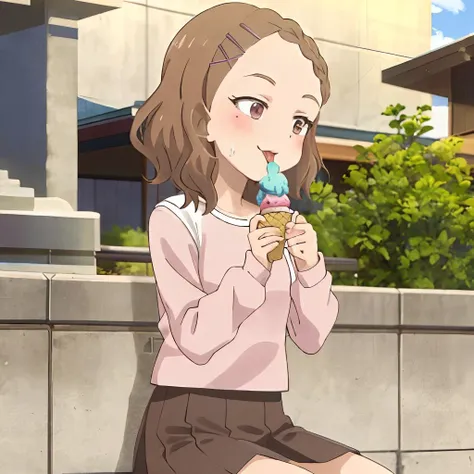 houjou_takagisan,  <lora:houjou_takagisan_v2:0.7> brown skirt, pink logo top, outdoors,  hairclip, brown_eyes, eating ice cream, tongue out, licking,, masterpiece, best quality