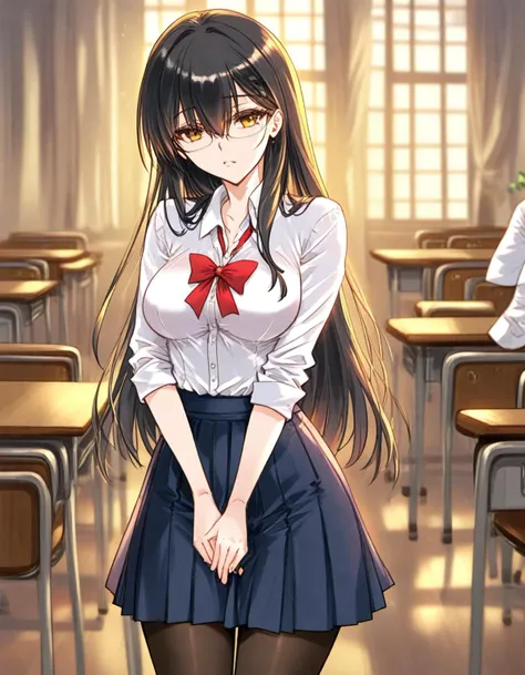 anime girl in a school uniform standing in a classroom