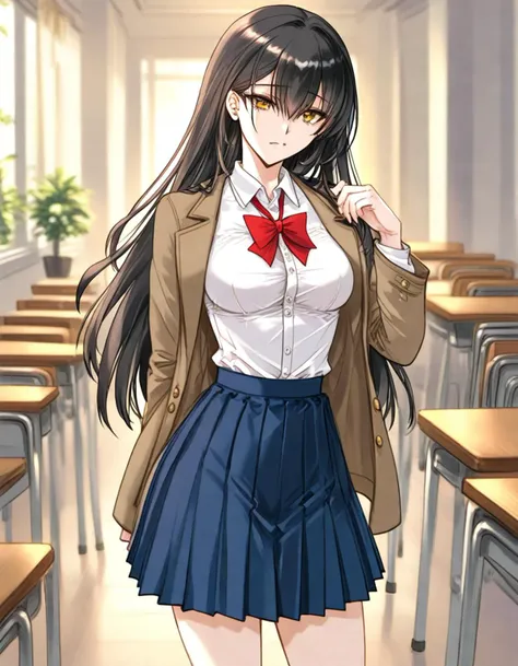 anime girl in a school uniform standing in a classroom