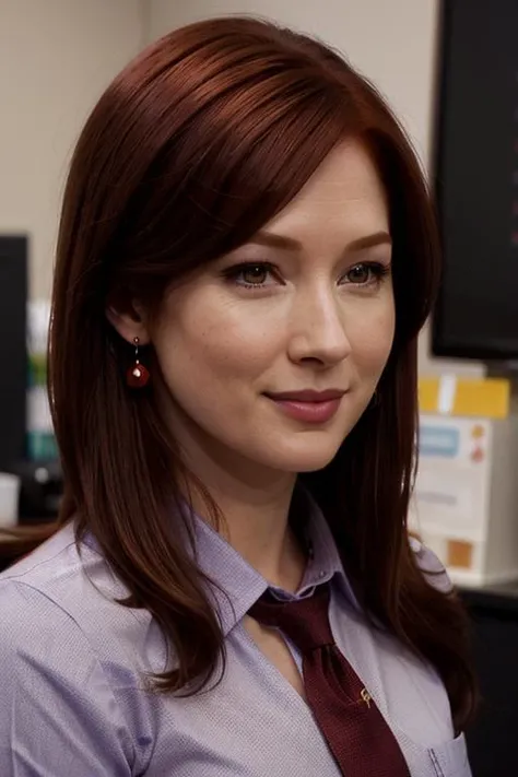 <lora:elliekemper:0.5>, ,elliekemper, ((dark red hair)) ,photo of a woman, , perfect hair, beautiful perfect skin, ((busy office)), (modern photo, necktie, shirt), 24mm, (analog, cinematic, film grain:1.3), , ((detailed eyes, detailed face)), smile, (upper...