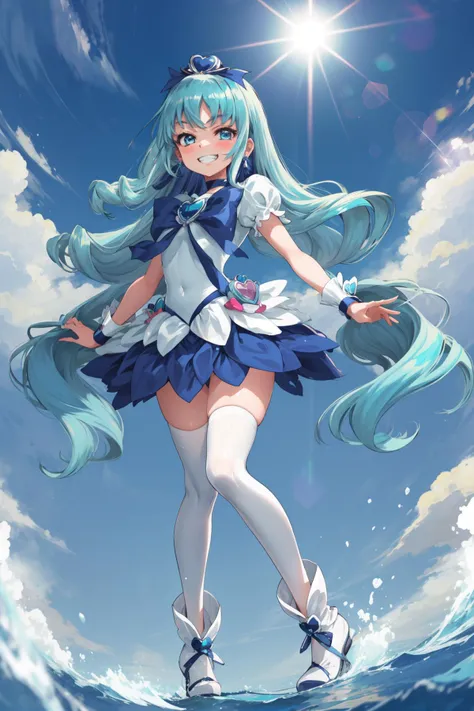 masterpiece,best quality,1girl,cure marine,wavy hair,aqua hair,white thighhighs,wrist cuffs,hair ribbon,white shoes,grin,dynamic pose,blue sky,sunlight,<lora:locon_cure_marine_2:0.9>,