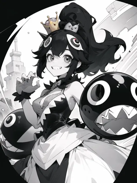 black and white, masterpiece,  <lora:Chompette-10:0.8> chompette, black hair, ponytail, smile, sharp teeth, from front, straightforward,  <lora:animeoutlineV4_16:0.5>