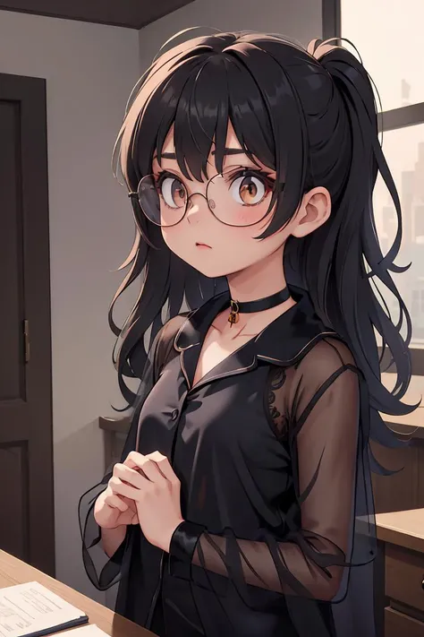 (masterpiece, best quality), 1girl, messy hair, choker, black silk pajamas, see-through, glasses,